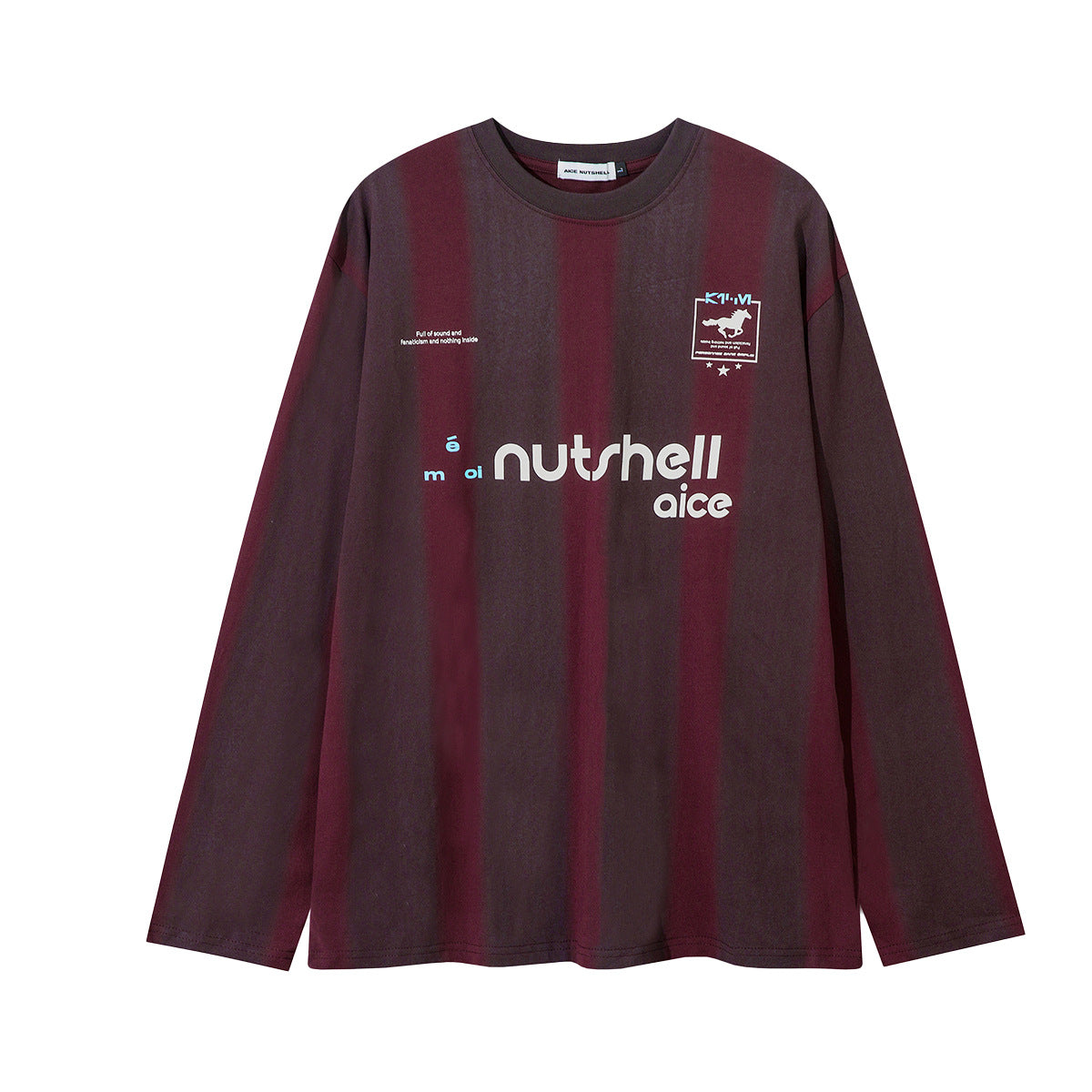 Oversized long sleeve striped soccer jersey shirt in washed burgundy with nutshell aice chest graphic and crew neck