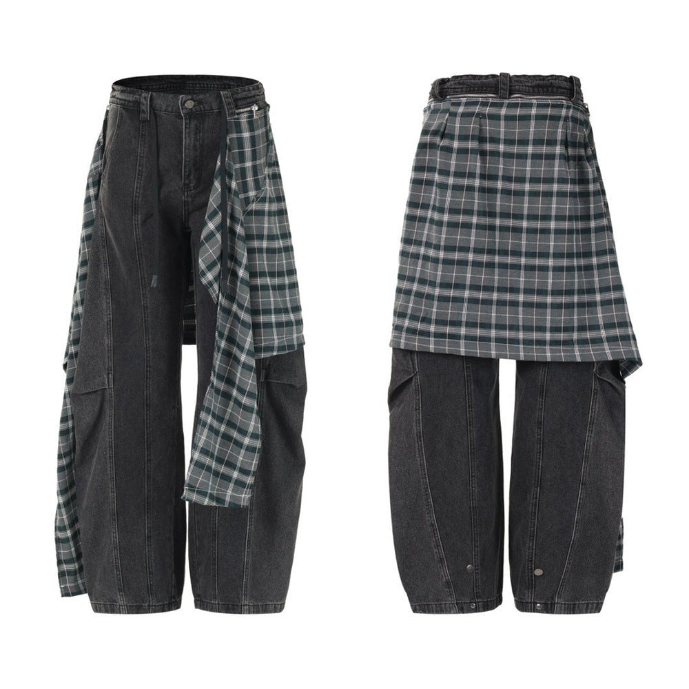 Wide-Leg Jeans with Detachable Plaid Skirt Overlay — Deconstructed Punk