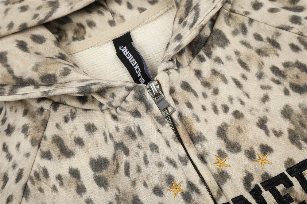 Embroidered Zip Up Hoodie – Leopard Print Streetwear with Side Stripe Detail