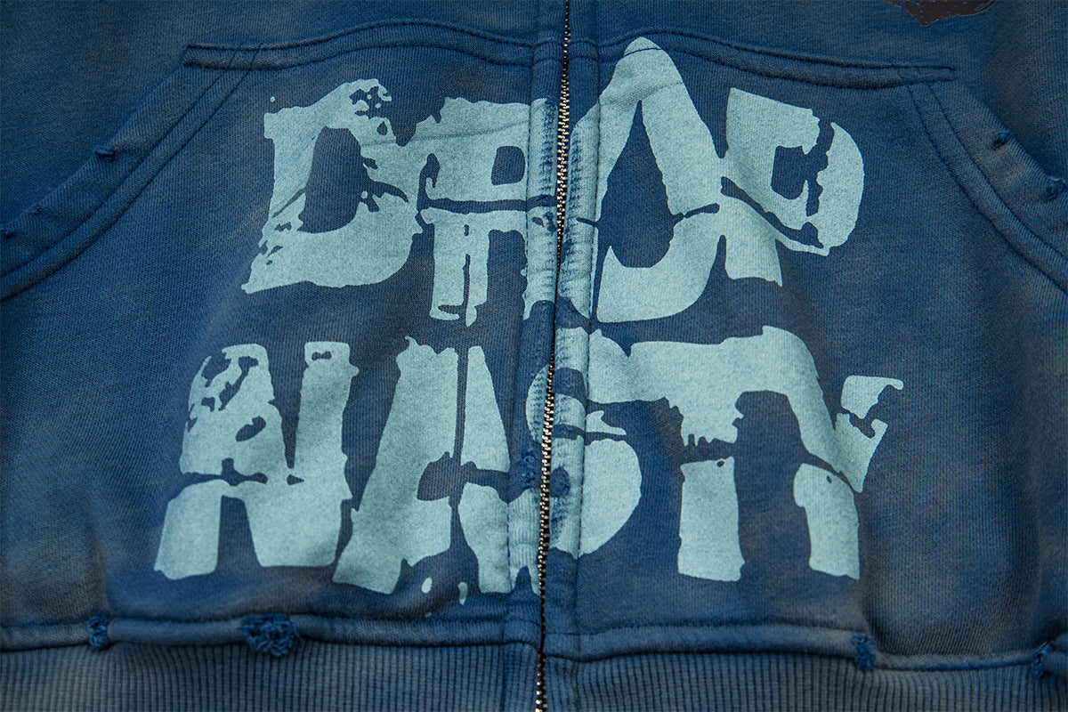 Hoodie zippé Drop Nasty délavé – Streetwear oversize à imprimé graffiti