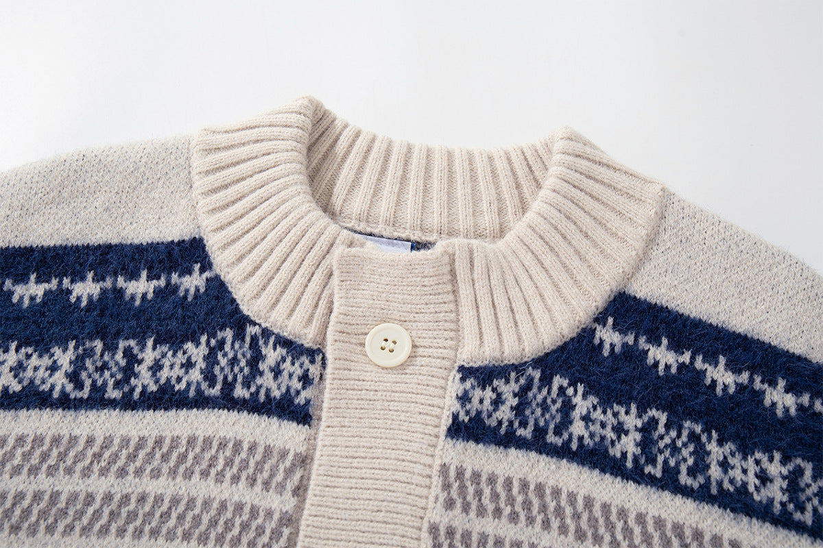 Fair Isle Jacquard Knit Cardigan Sweater – Retro Korean-Style Button-Up