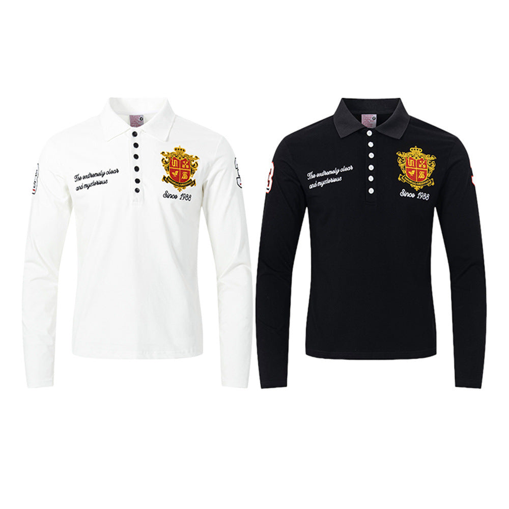 Men's Long Sleeve Polo Shirt with Embroidered Crest Badge