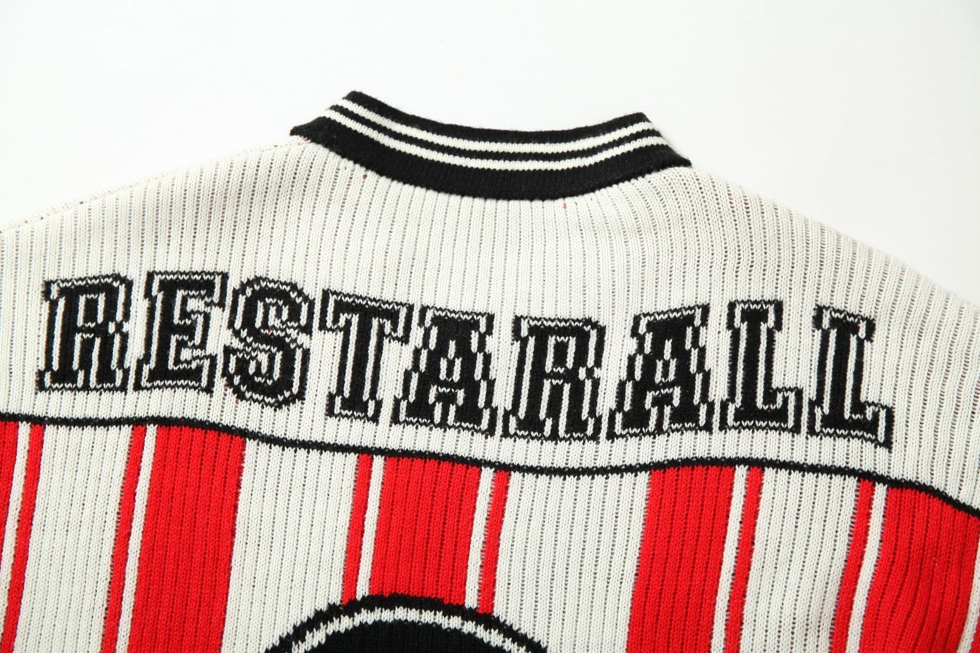 Red and White Striped V-Neck Sweater – Number 17 Oversized Knit Sports Jersey