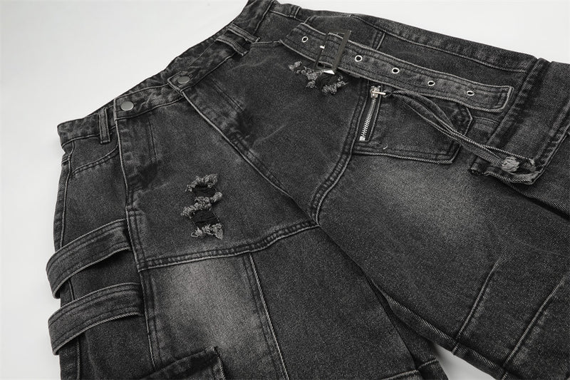 Deconstructed Cargo Denim Shorts – Multi-Pocket Punk Distressed Wide Leg