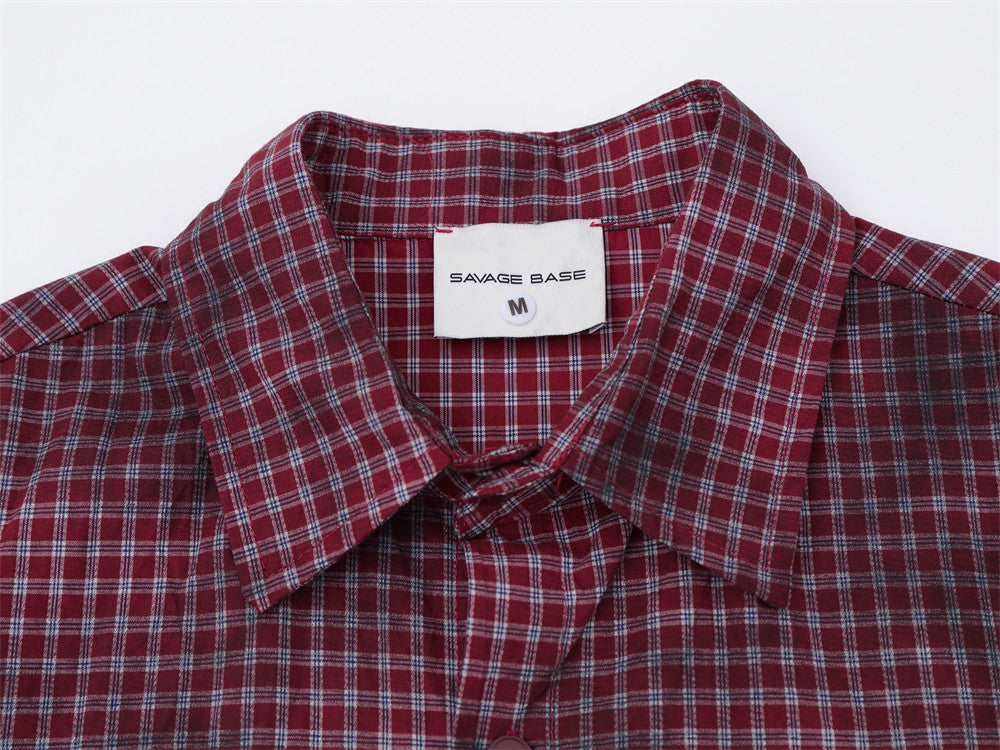 Men's Short Sleeve Shirt – Plaid Tie-Dye Washed Check with Drawstring Hem