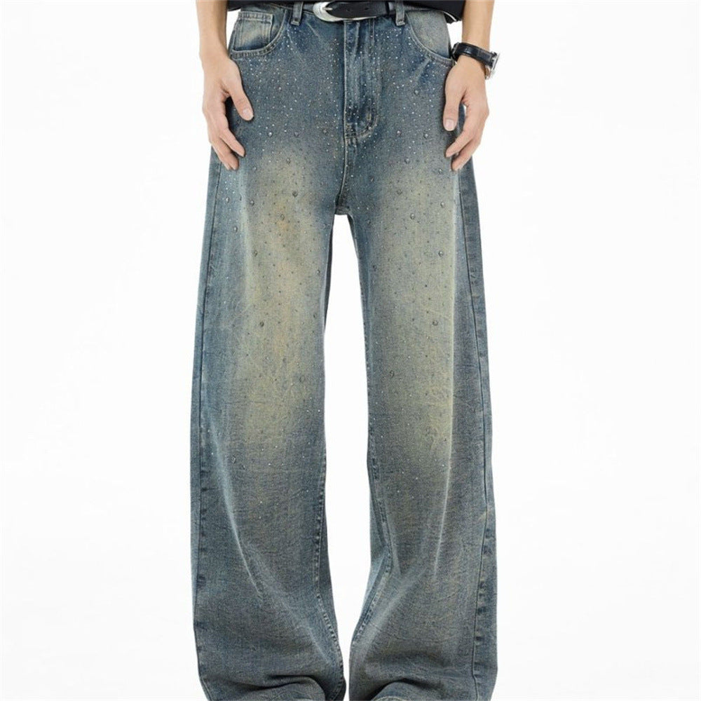 Wide-Leg Jeans Men – Vintage Wash Rhinestone Straight-Fit Denim