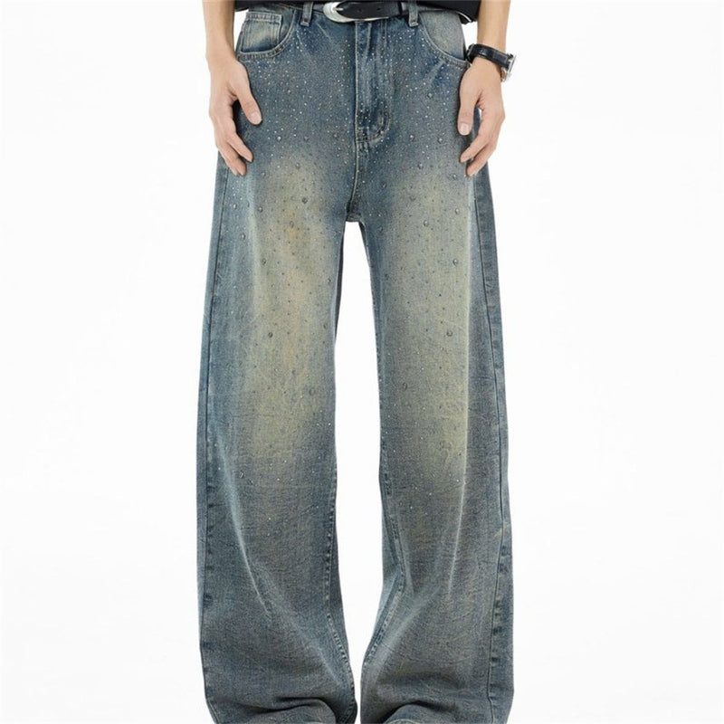 Wide-Leg Jeans Men – Vintage Wash Rhinestone Straight-Fit Denim