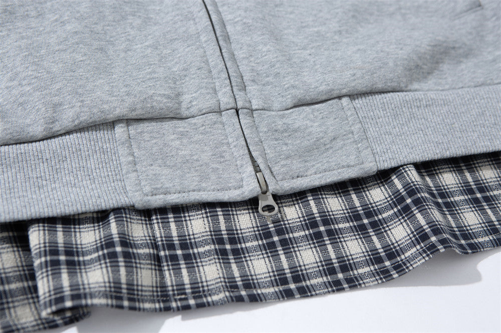 Men's Full Zip Hoodie with Faux Layered Plaid Shirt Insert, Oversized Streetwear