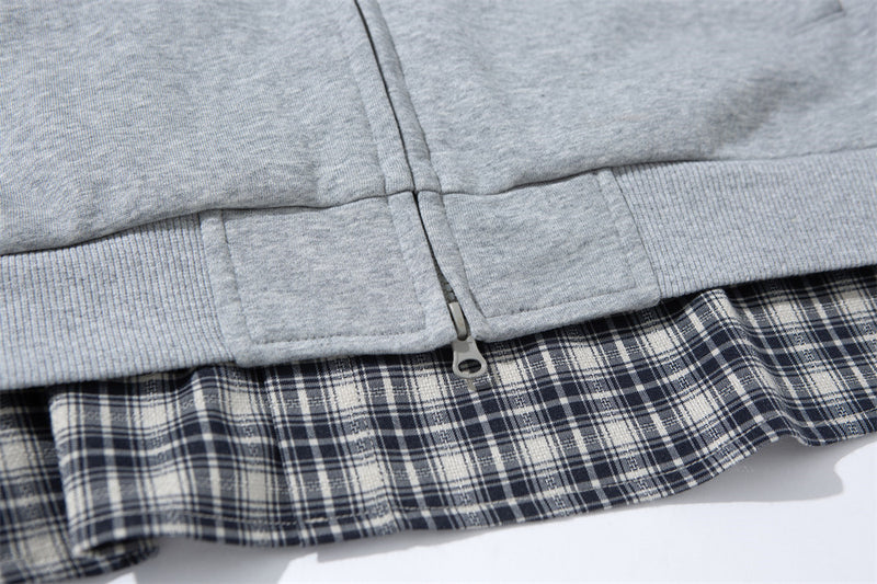Men's Full Zip Hoodie with Faux Layered Plaid Shirt Insert, Oversized Streetwear