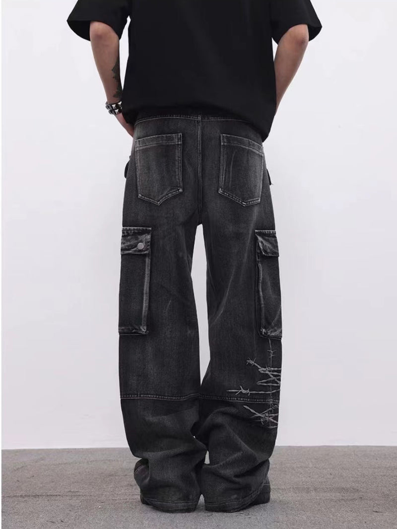 Wide-Leg Cargo Jeans with Barbed Wire Embroidery – Baggy Streetwear Denim
