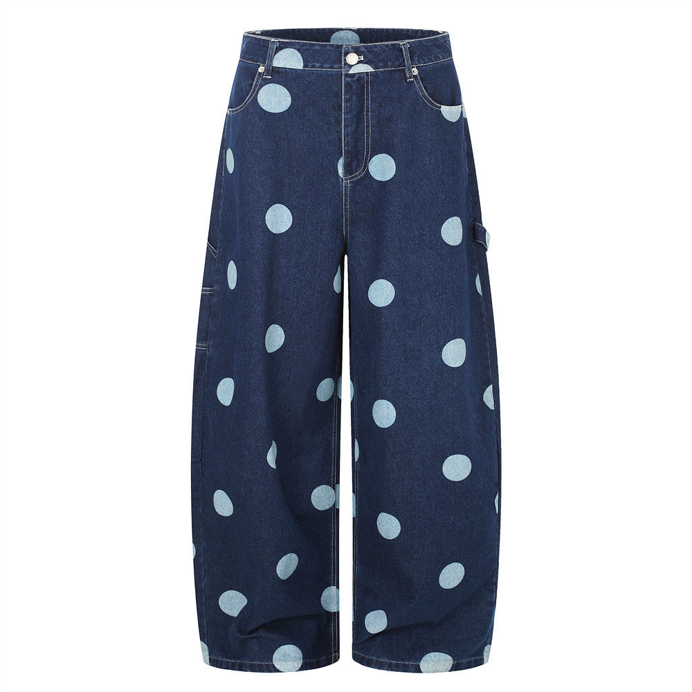 Front view of dark wash wide-leg jeans with light blue polka dots