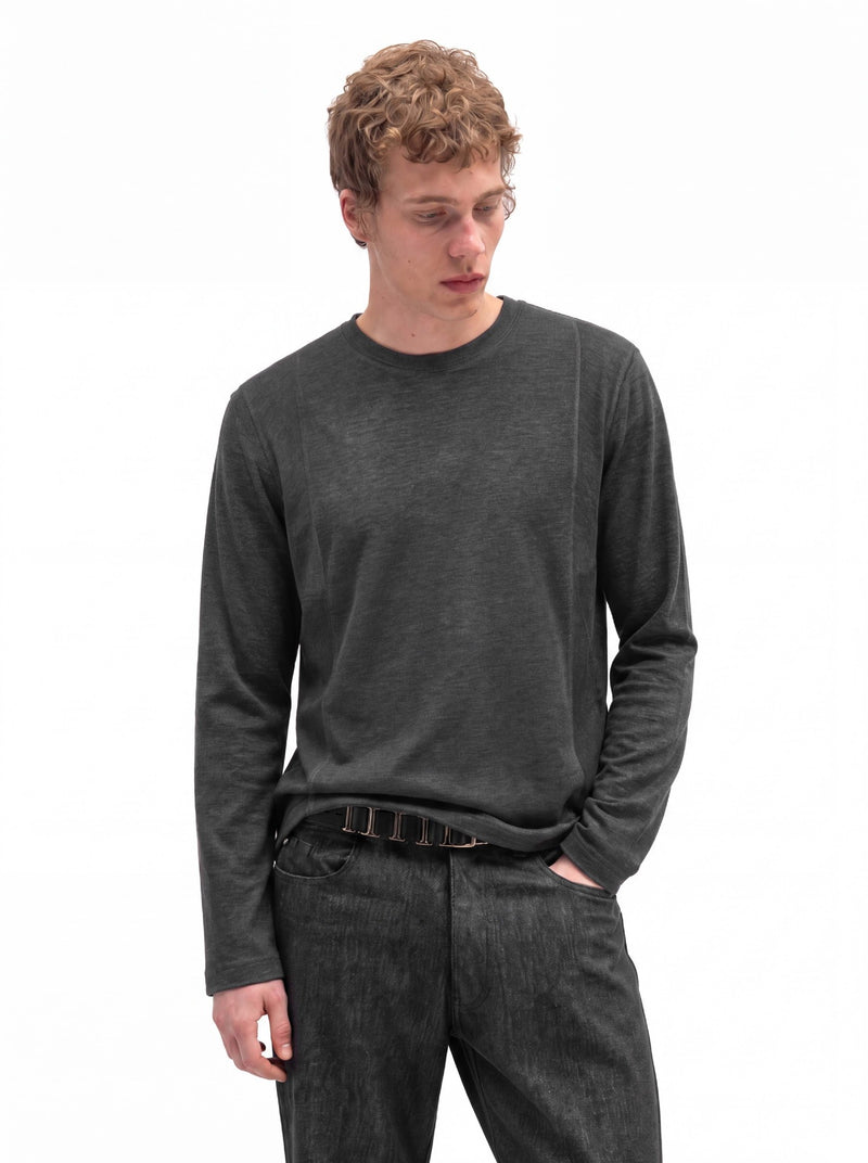 Men's relaxed-fit long sleeve crew neck shirt in charcoal grey with washed texture and tonal seam detail