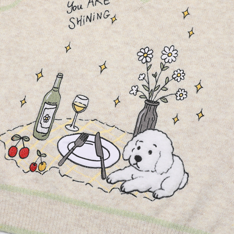 V-Neck Knit Sweater Vest with Cute Puppy Picnic Embroidery