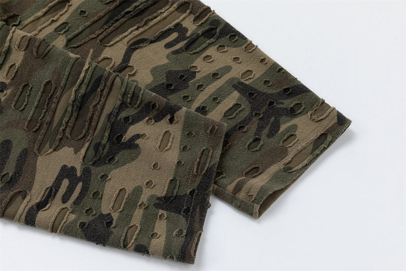Men's Oversized Graphic Tee with Distressed Camo Long Sleeves – Washed White
