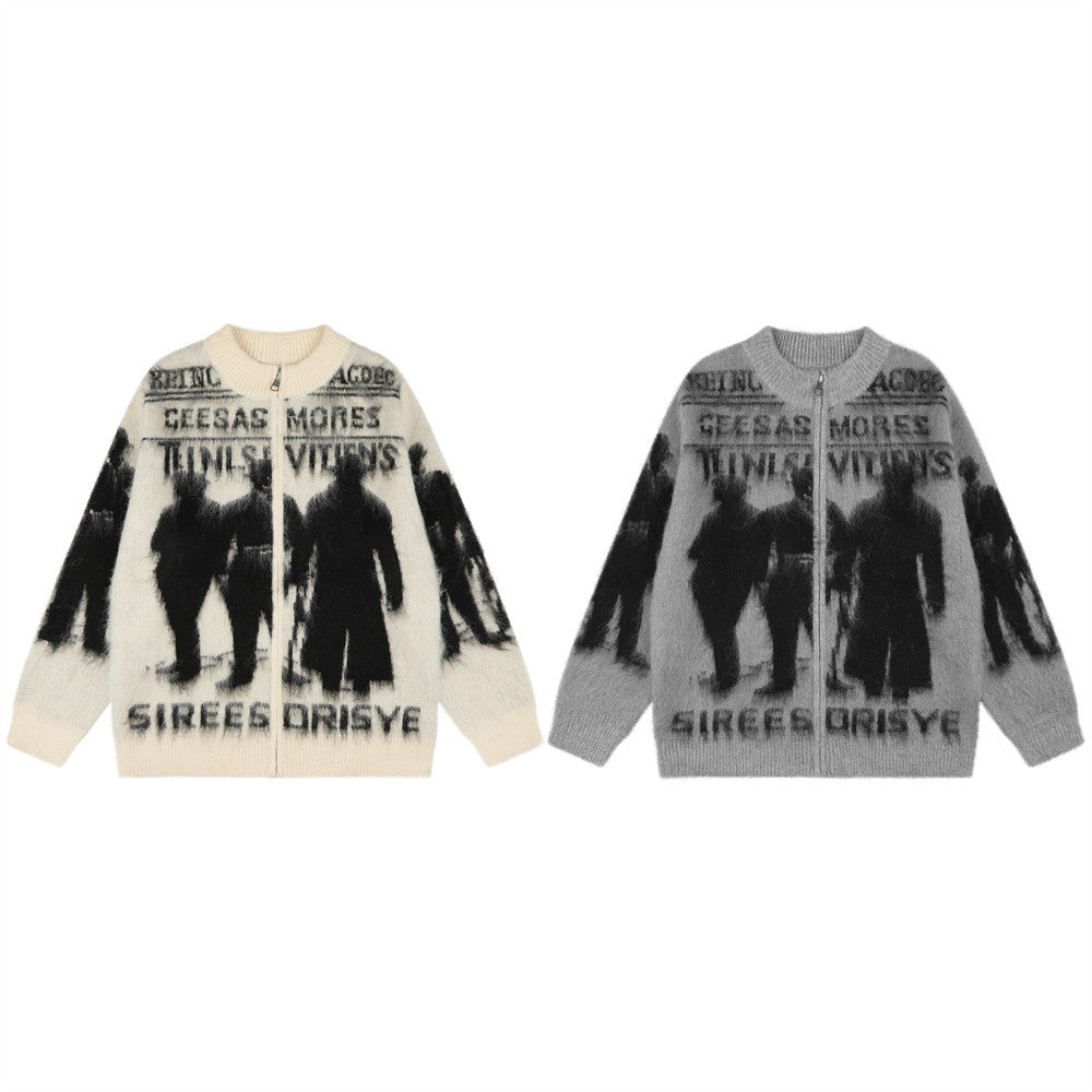 Dark Silhouette Figure Zip-Up Knit Cardigan Sweater – Oversized Streetwear