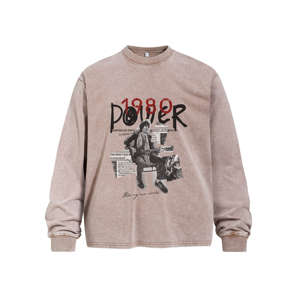 Men's Long Sleeve Shirt Rock Guitar 1980 Power Graphic Acid Wash Oversized Tee