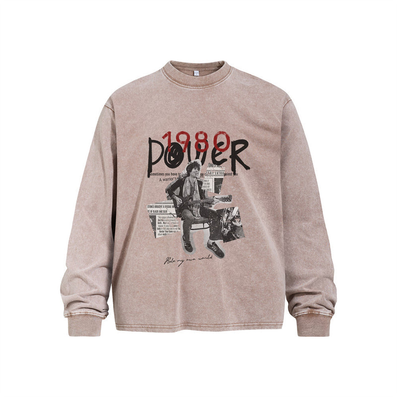 Men's Long Sleeve Shirt Rock Guitar 1980 Power Graphic Acid Wash Oversized Tee