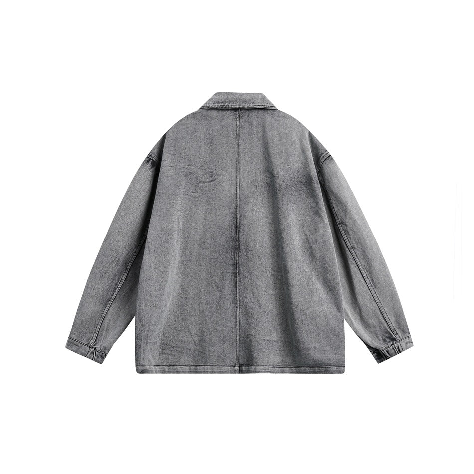 Oversized Washed Denim Blazer Jacket – Vintage Grey Black