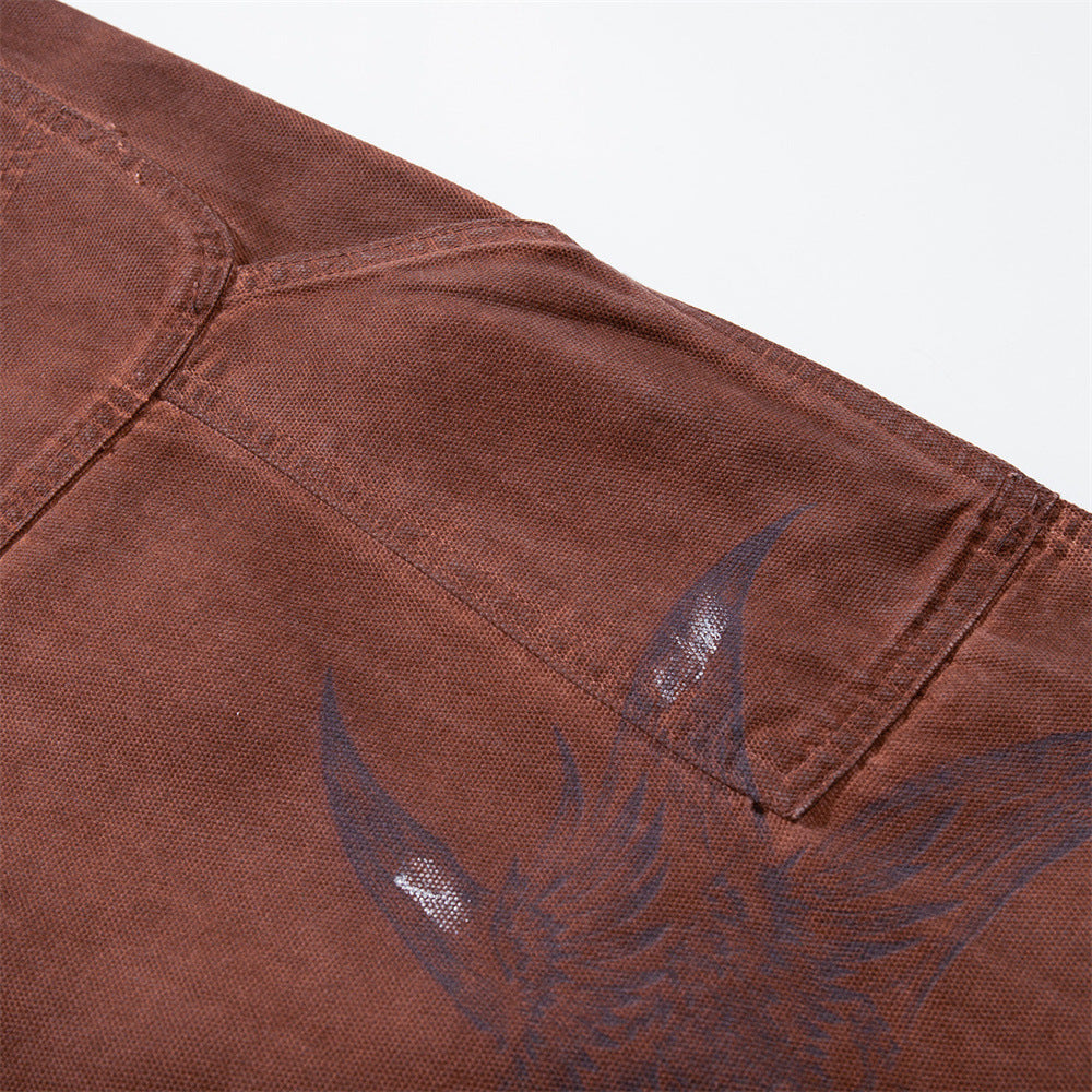 Wide-Leg Cargo Pants – Washed Brown Bird Print, Baggy Fit