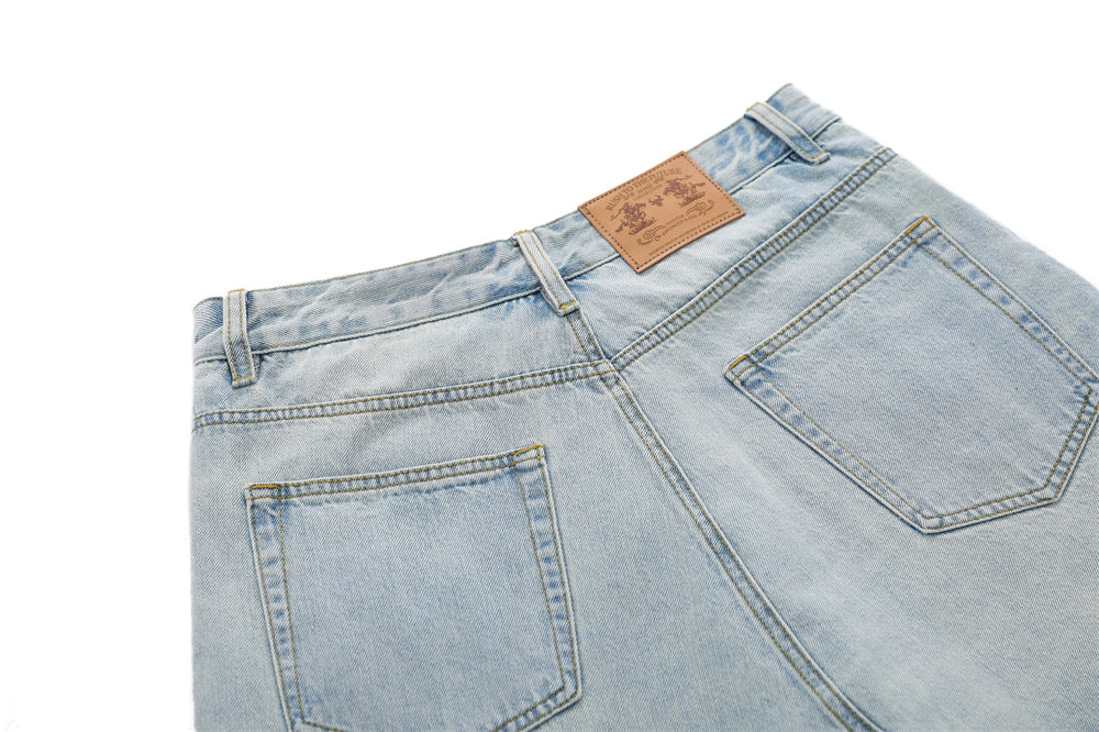 Distressed Denim Skirt Shorts – Layered Faux Two-Piece Wide-Leg Cut