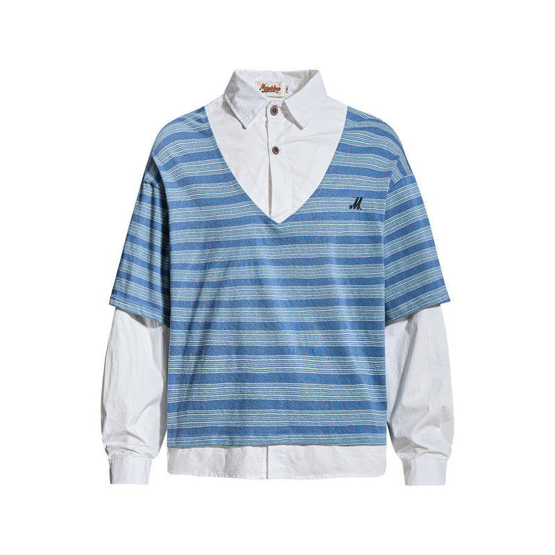 Striped Faux Two-Piece Polo Collar Long Sleeve T-Shirt