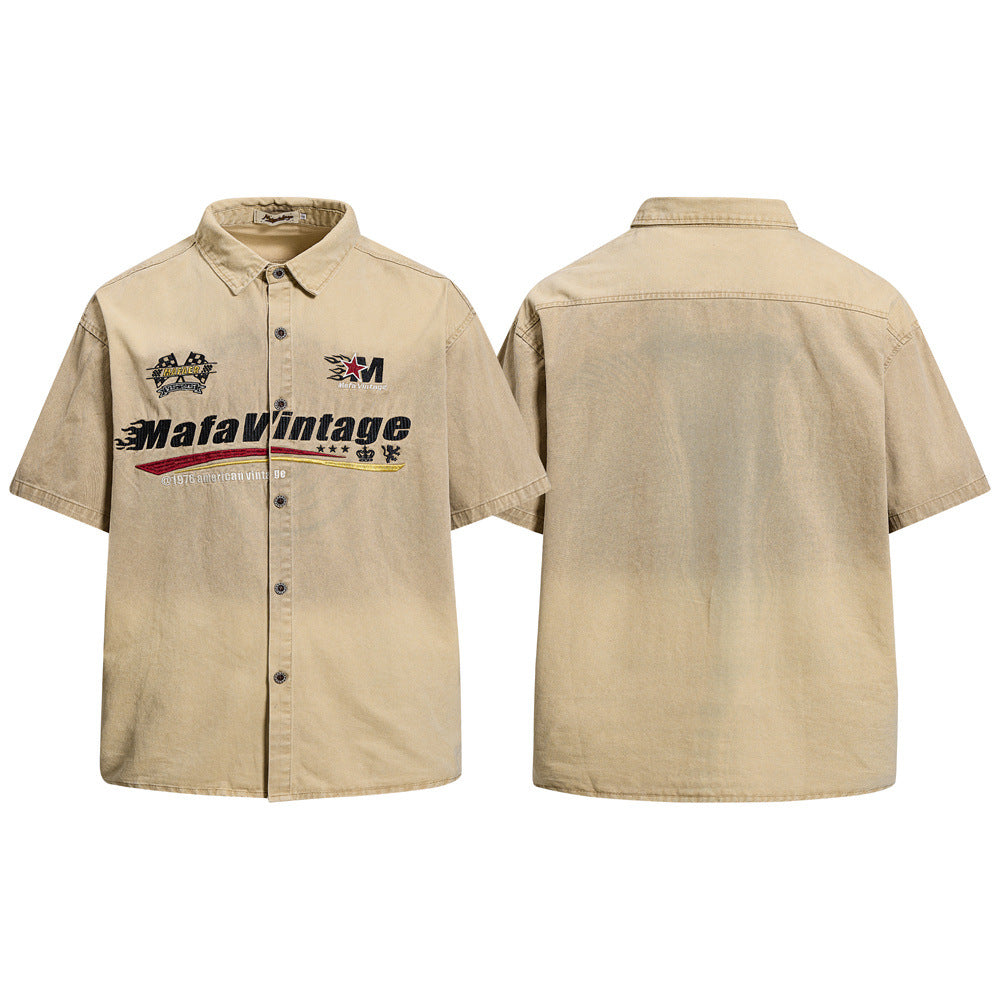 Mafa Vintage racing embroidered short sleeve shirt in washed khaki with bold chest graphics and flame motifs