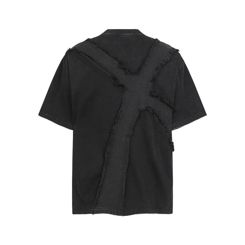 Men's Oversized Washed Cotton Tee with Frayed Cross Patchwork Design