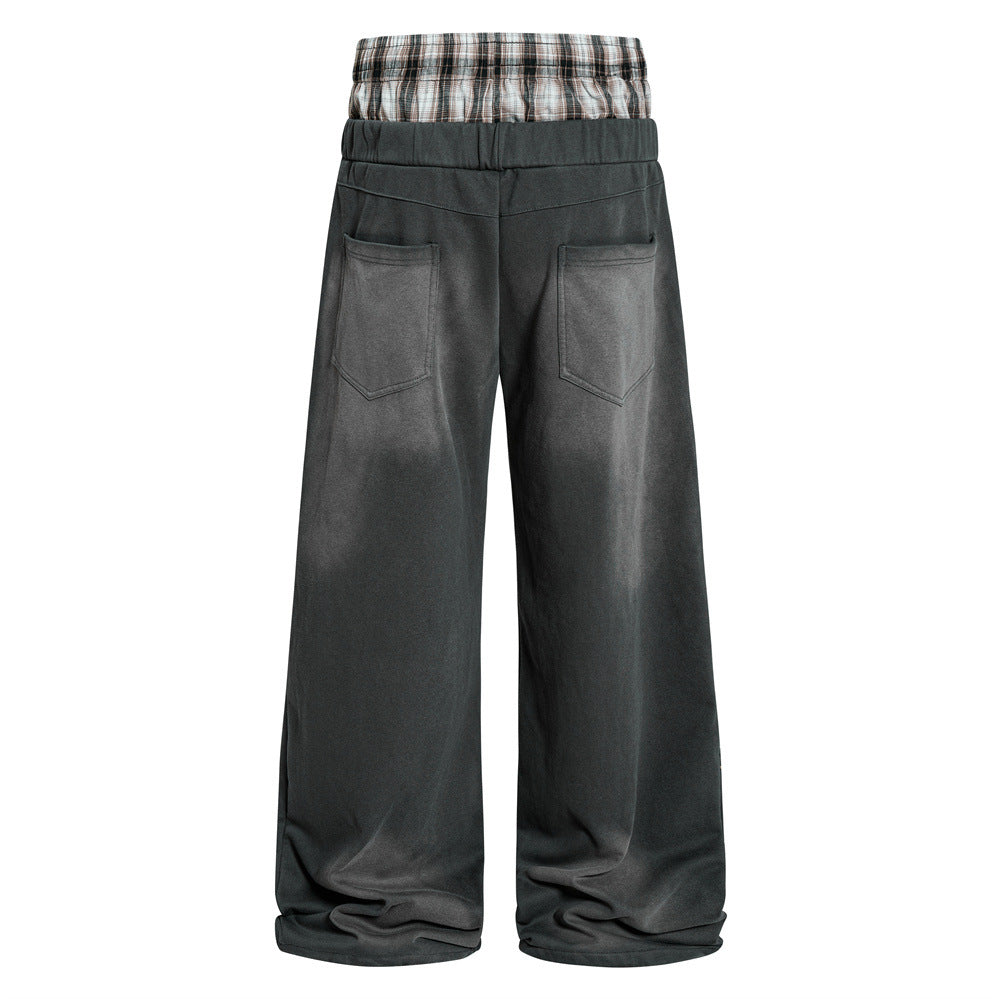 Wide Leg Sweatpants with Plaid Waistband & Animal Print Graphic