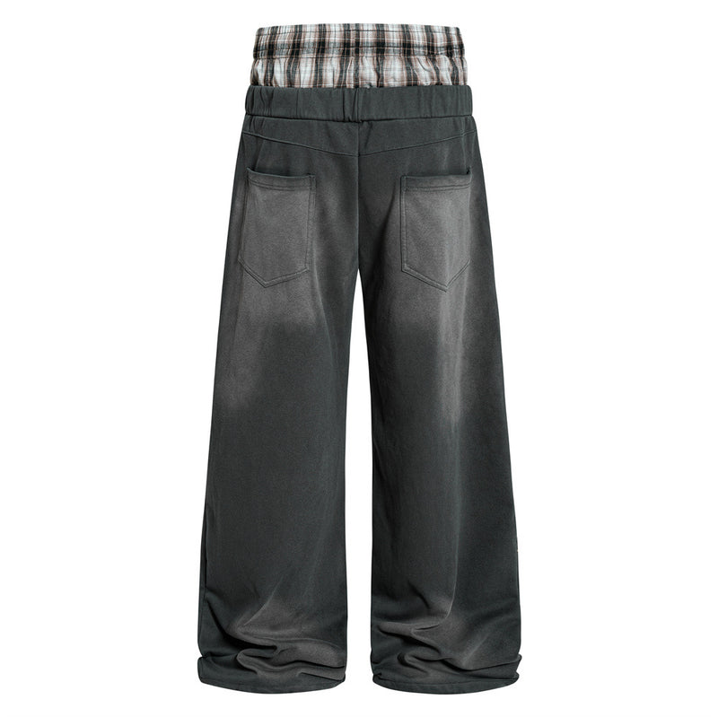 Wide Leg Sweatpants with Plaid Waistband & Animal Print Graphic