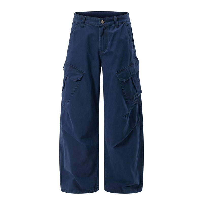 Pantalon cargo à jambes larges et poches multiples, bleu marine, avec poches à rabat et coupe décontractée