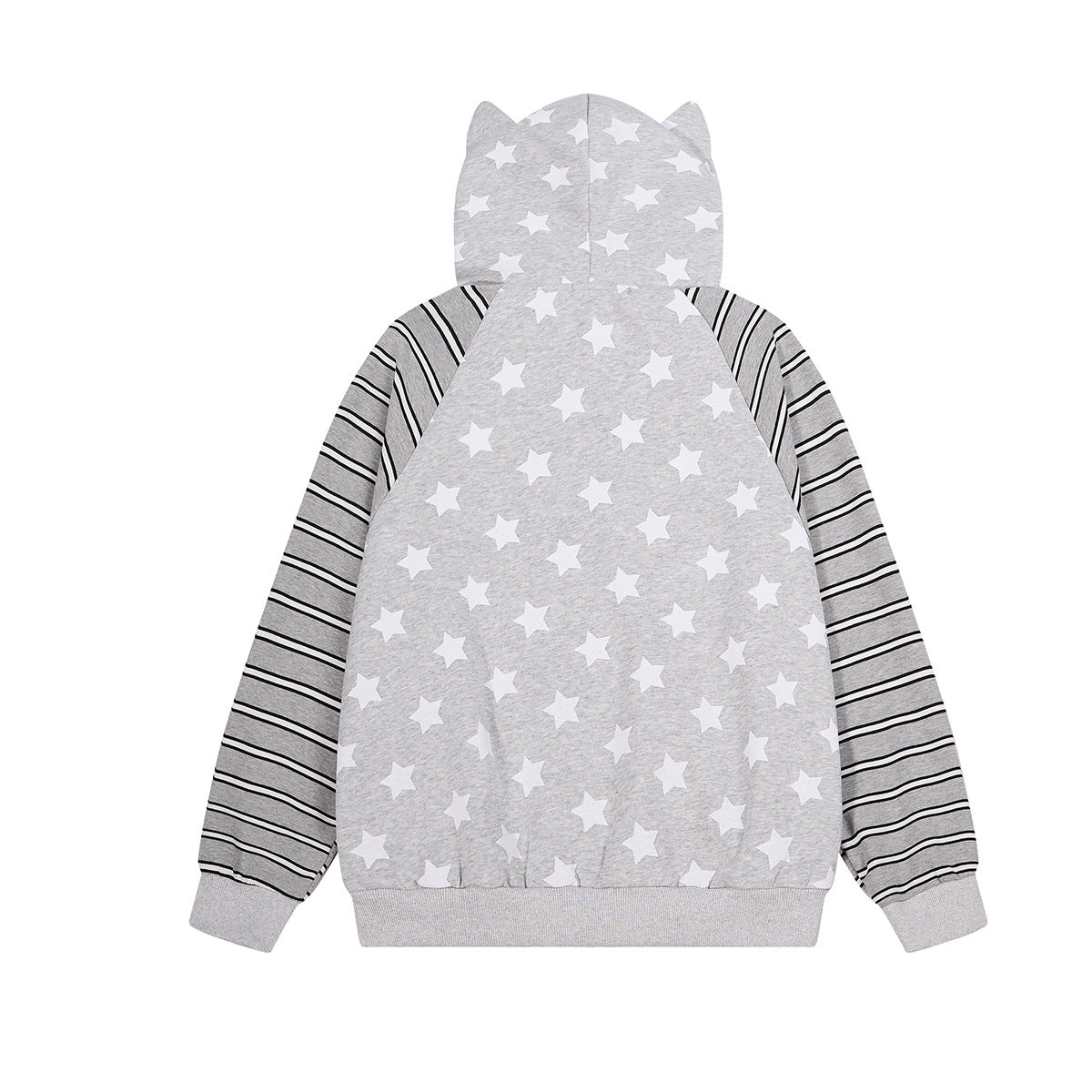 Sweat zippé à oreilles de chat – Corps à imprimé étoiles, manches raglan rayées et broderie