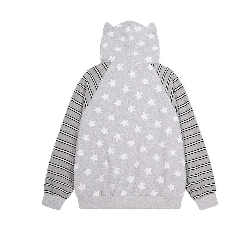 Sweat zippé à oreilles de chat – Corps à imprimé étoiles, manches raglan rayées et broderie