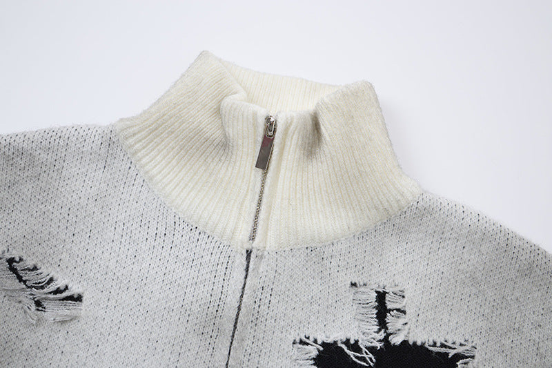 Distressed Cross Knit Cardigan mit Reißverschluss – Oversized Destroyed-Strickmode für