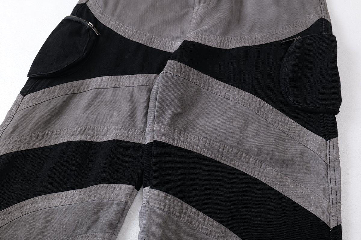 Baggy Cargo Pants Men's Black Grey Patchwork Wide-Leg Tactical Trousers