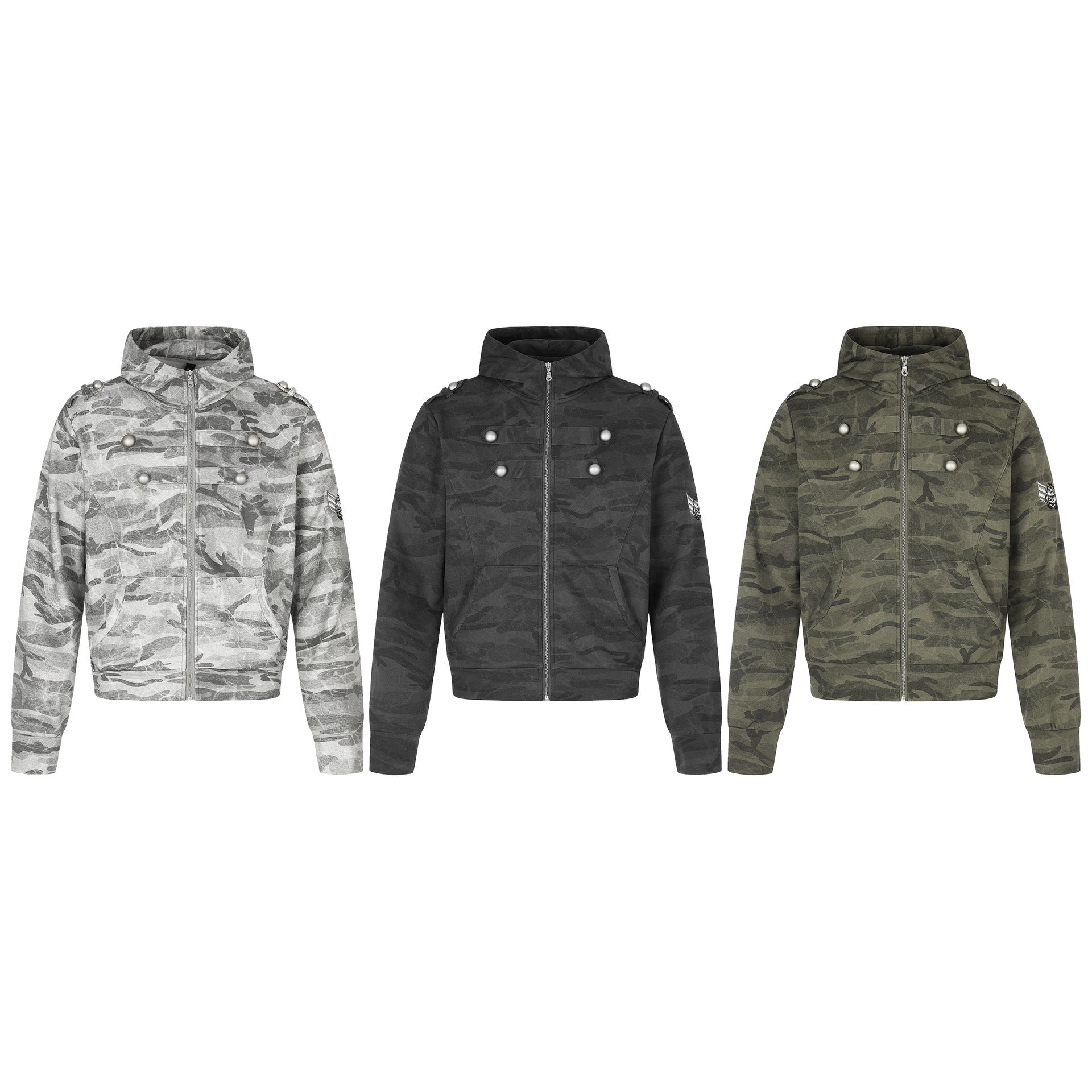 Sudadera con capucha y cremallera de camuflaje, oversize de estilo militar con botones plateados