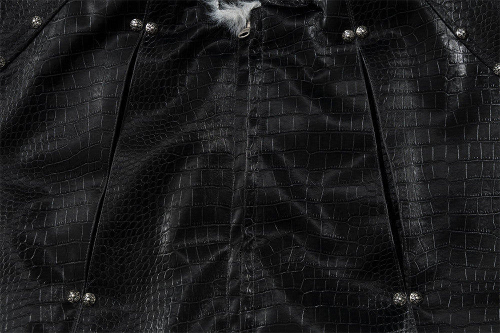 Chaqueta bomber de hombre con cuello de pelo – Cuero PU negro grabado efecto cocodrilo
