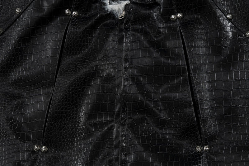 Chaqueta bomber de hombre con cuello de pelo – Cuero PU negro grabado efecto cocodrilo