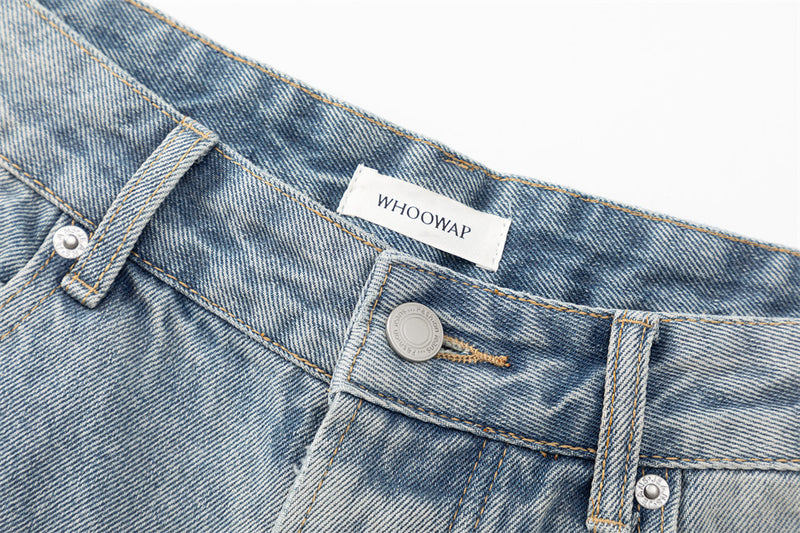 Wide-Leg Distressed Jeans – American Vintage Washed Denim, Relaxed Straight Fit