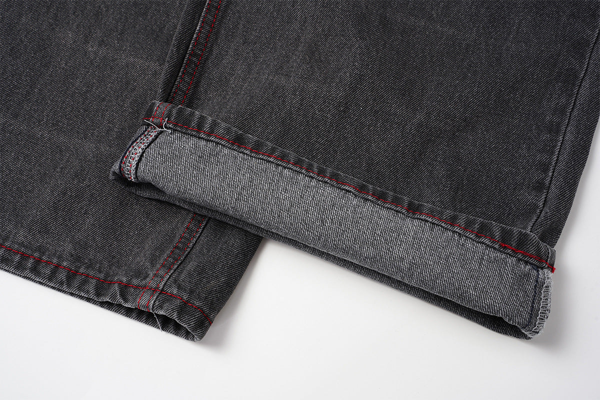 Wide-Leg Jeans Washed Black Gothic Wing Print with Red Contrast Stitching