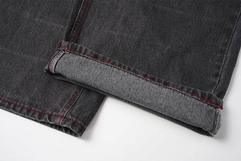 Wide-Leg Jeans Washed Black Gothic Wing Print with Red Contrast Stitching