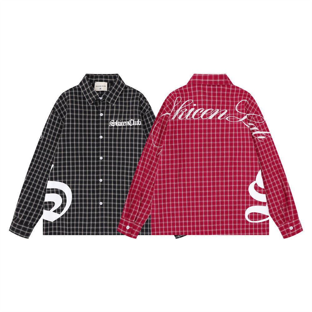 Black and red oversized plaid long sleeve shirt with Gothic script print, front and back views