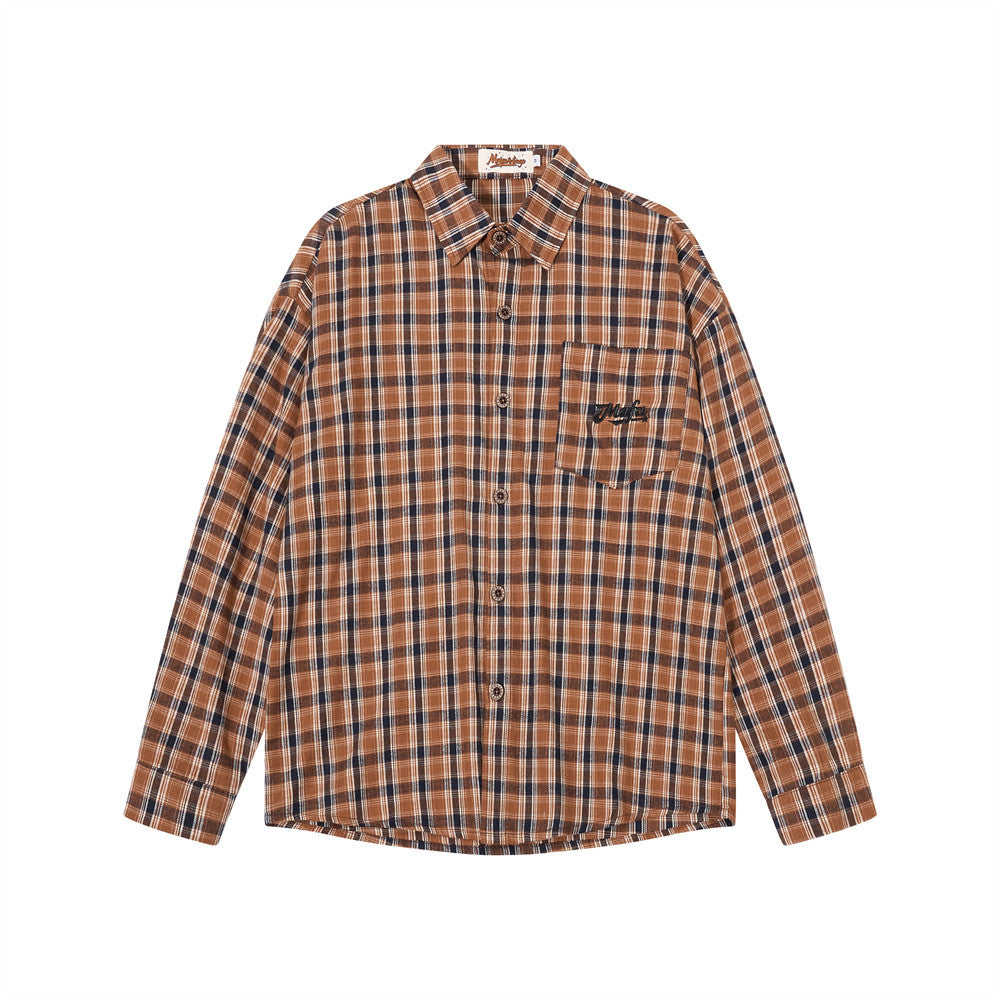 Men's relaxed fit brown plaid flannel long sleeve button-up shirt with spread collar and chest pocket