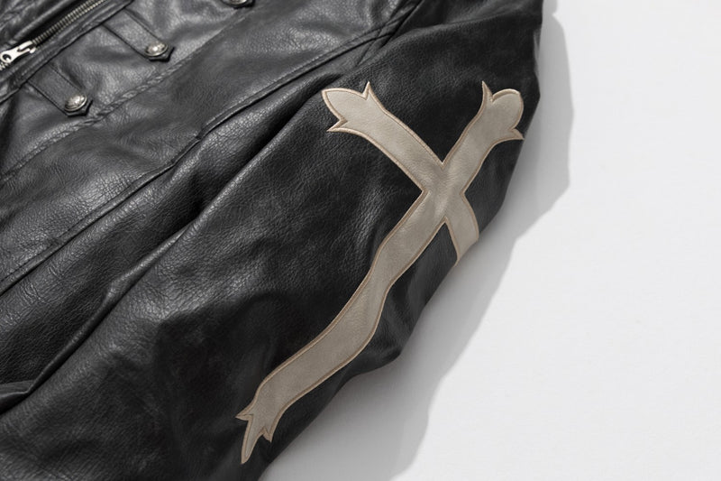 Gothic Cross Moto Jacket – Padded Faux Leather with Military Buttons & Cross