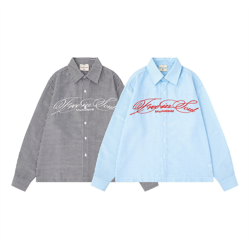 Striped Long-Sleeve Shirt with Cursive Logo Embroidery — Oversized Fit