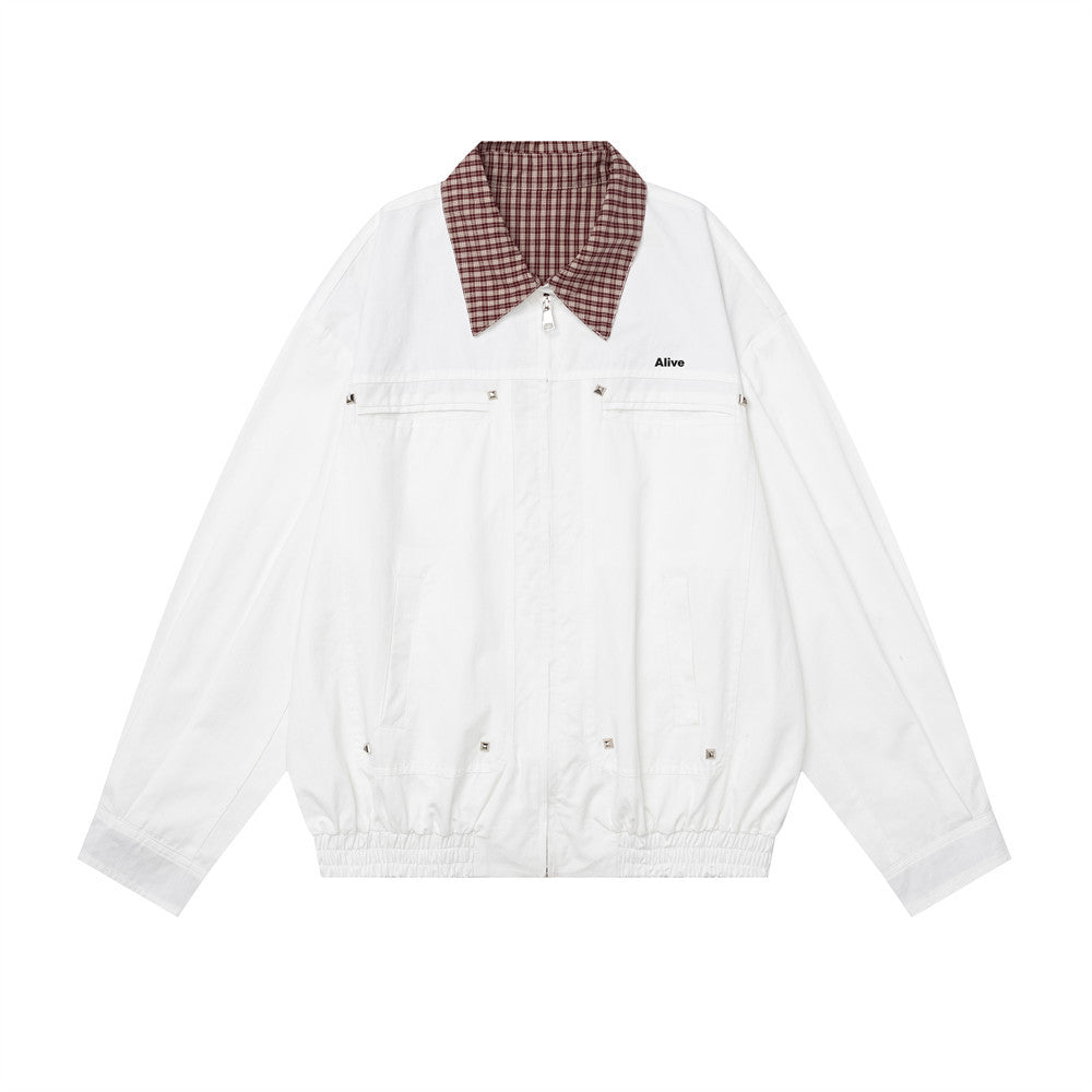 Oversized Harrington Jacket with Contrast Plaid Collar – Men's Relaxed Fit