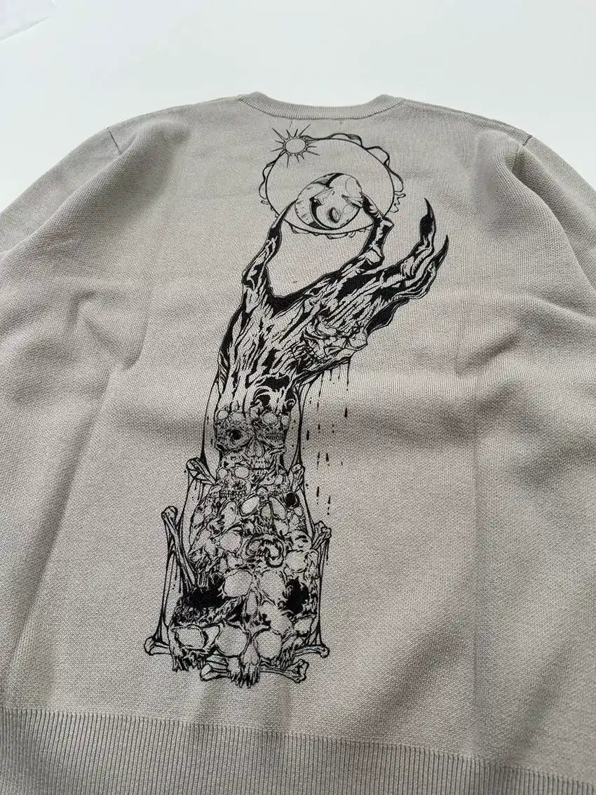 Dark Anime Occult Graphic Oversized Knit Crewneck Sweater in Stone Grey
