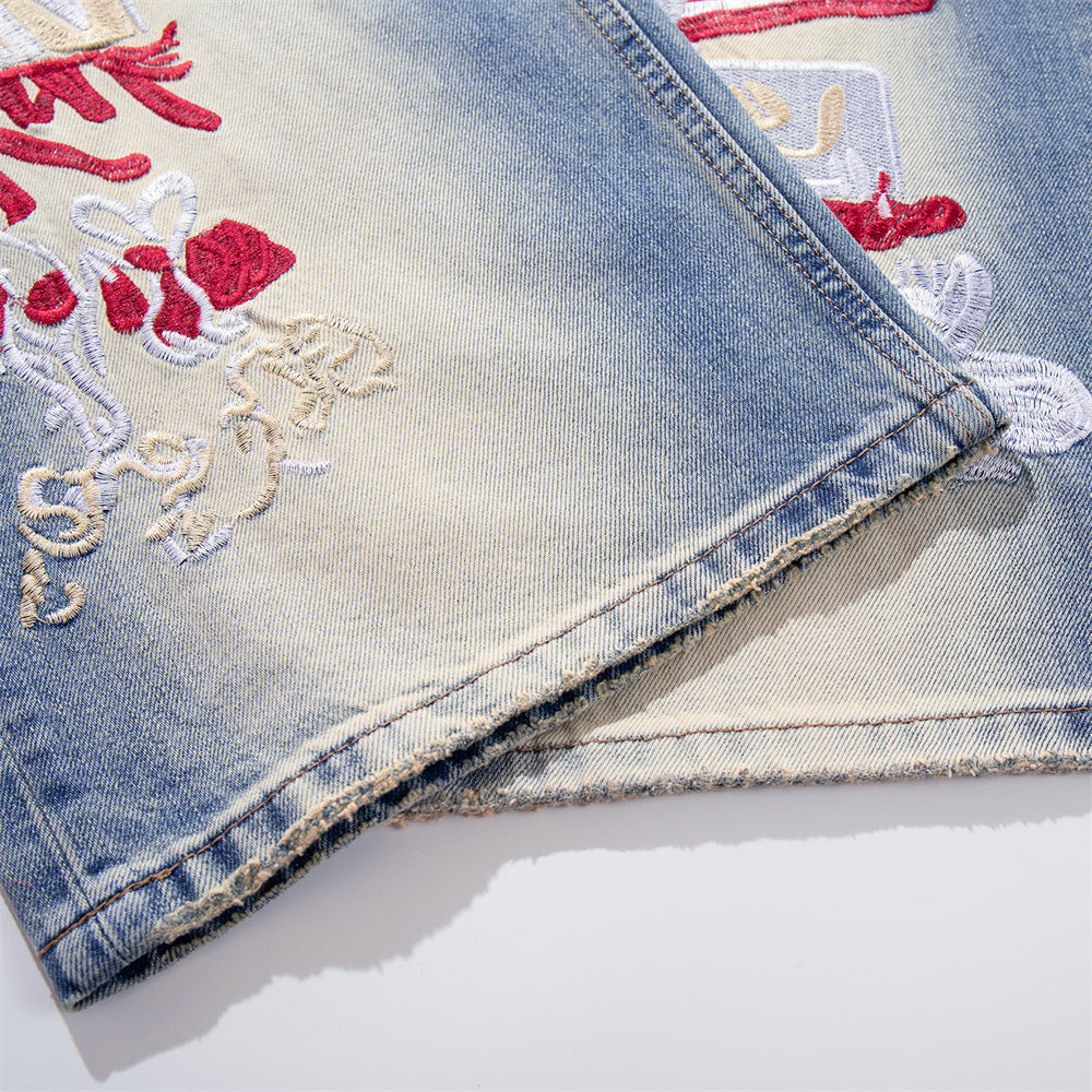 Graffiti Embroidered Wide-Leg Jeans – Punk Distressed Vintage Denim