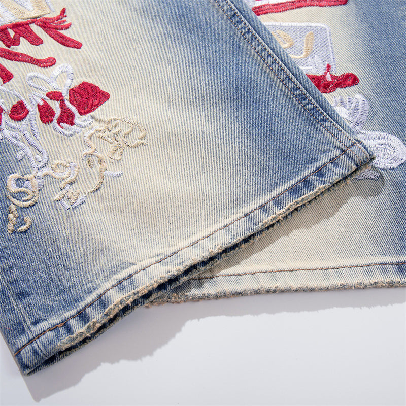 Graffiti Embroidered Wide-Leg Jeans – Punk Distressed Vintage Denim