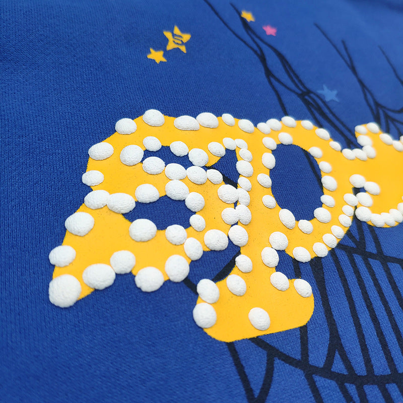 Sp5der “Hares the Slime” Hoodie (440GSM) – Royal Blue Fuzzy Logo Spider-Web Graphic