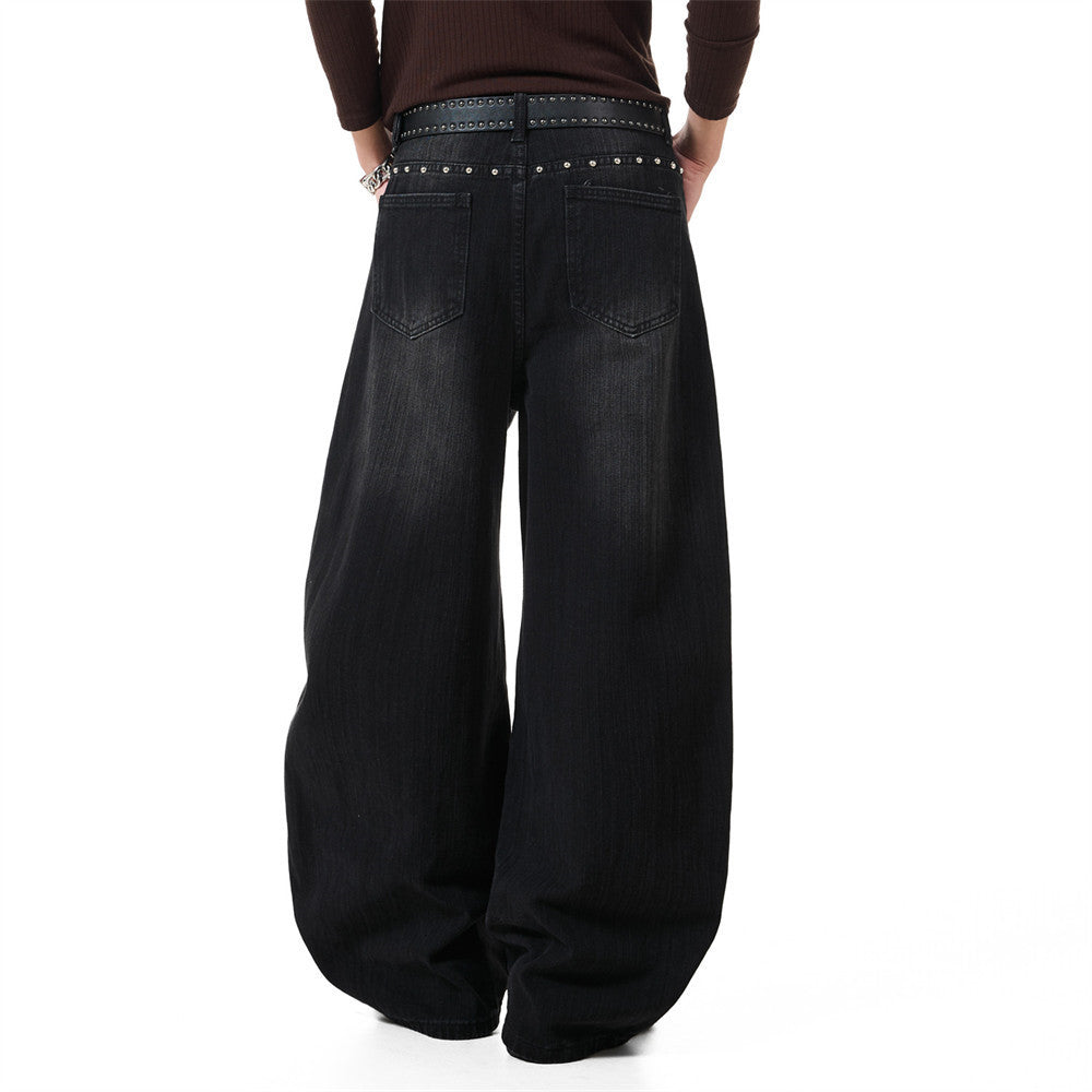 Men's Baggy Black Jeans Wide-Leg Rivet Punk Washed Denim Pants